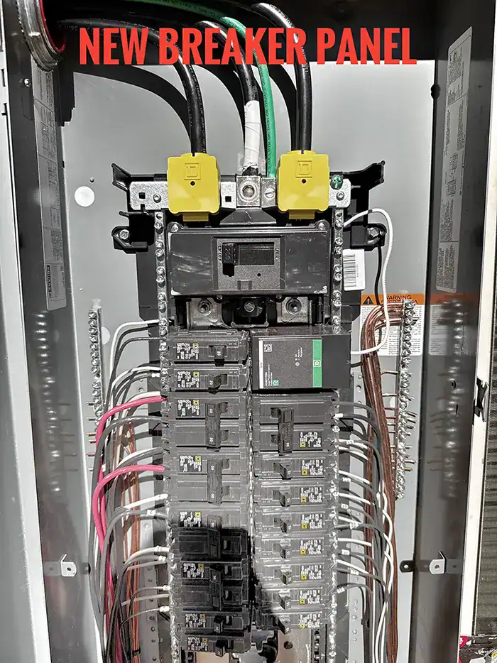 Residential electrical breaker panel in a Fort Worth home, showing labeled switches and wiring