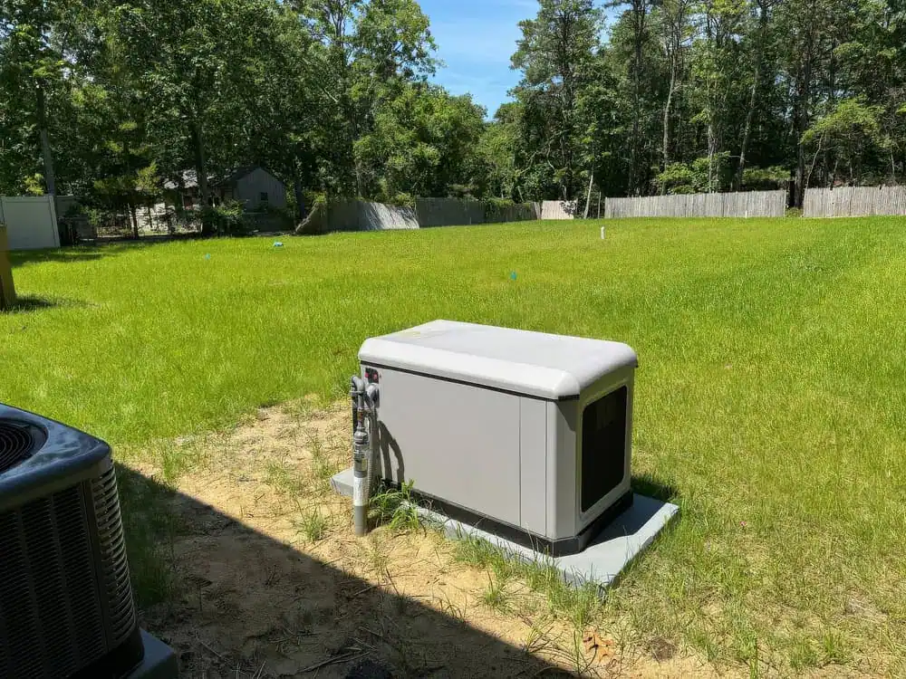 A large generator, expertly installed by top-notch electrical services, sits on a concrete pad in a lush backyard. Encircled by verdant trees, it rests alongside a wooden fence. In the foreground, part of another unit hints at seamless integration within this serene setting.