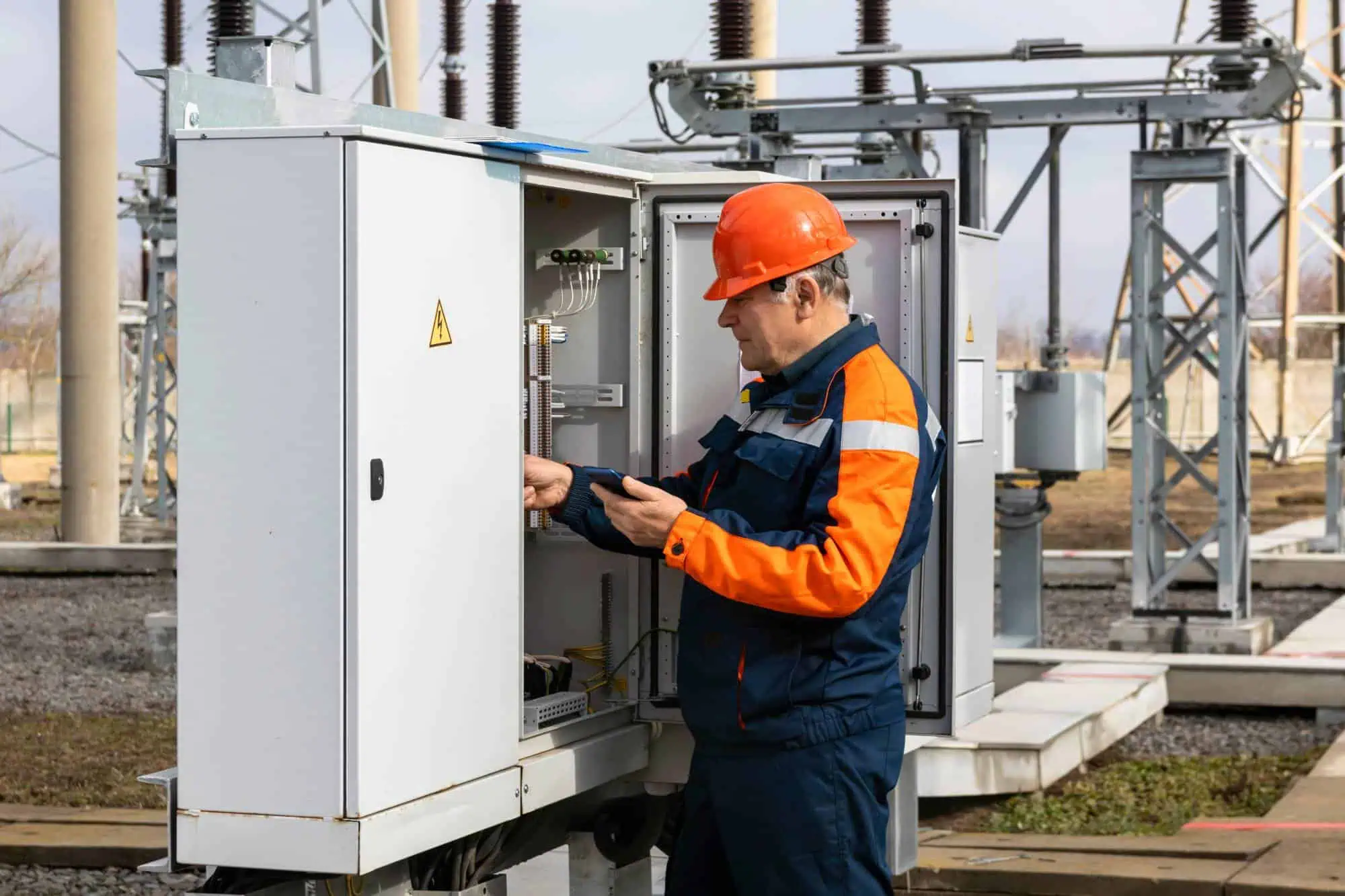A worker in a hard hat and safety gear inspects an open electrical control panel at an outdoor power substation, holding a device and checking equipment.