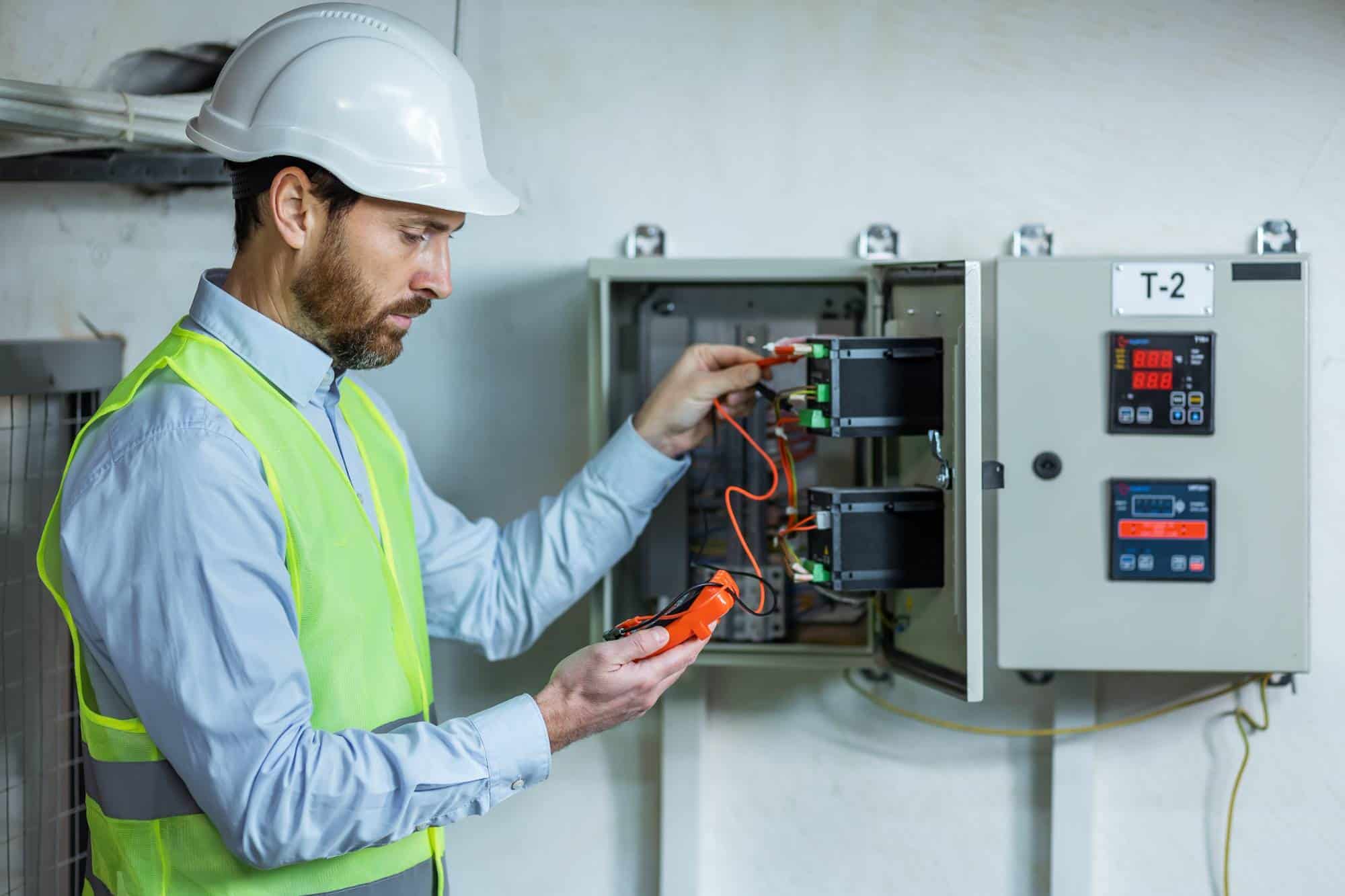 A man wearing a white hard hat and yellow safety vest uses a multimeter to check wires inside an open electrical control panel mounted on a wall.