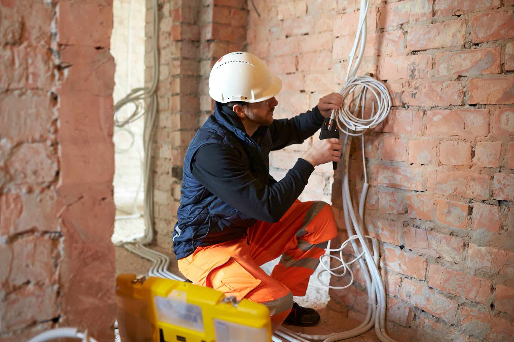 A construction worker wearing a white hard hat and orange pants installs electrical wiring on a brick wall, using a screwdriver. A yellow toolbox sits nearby.