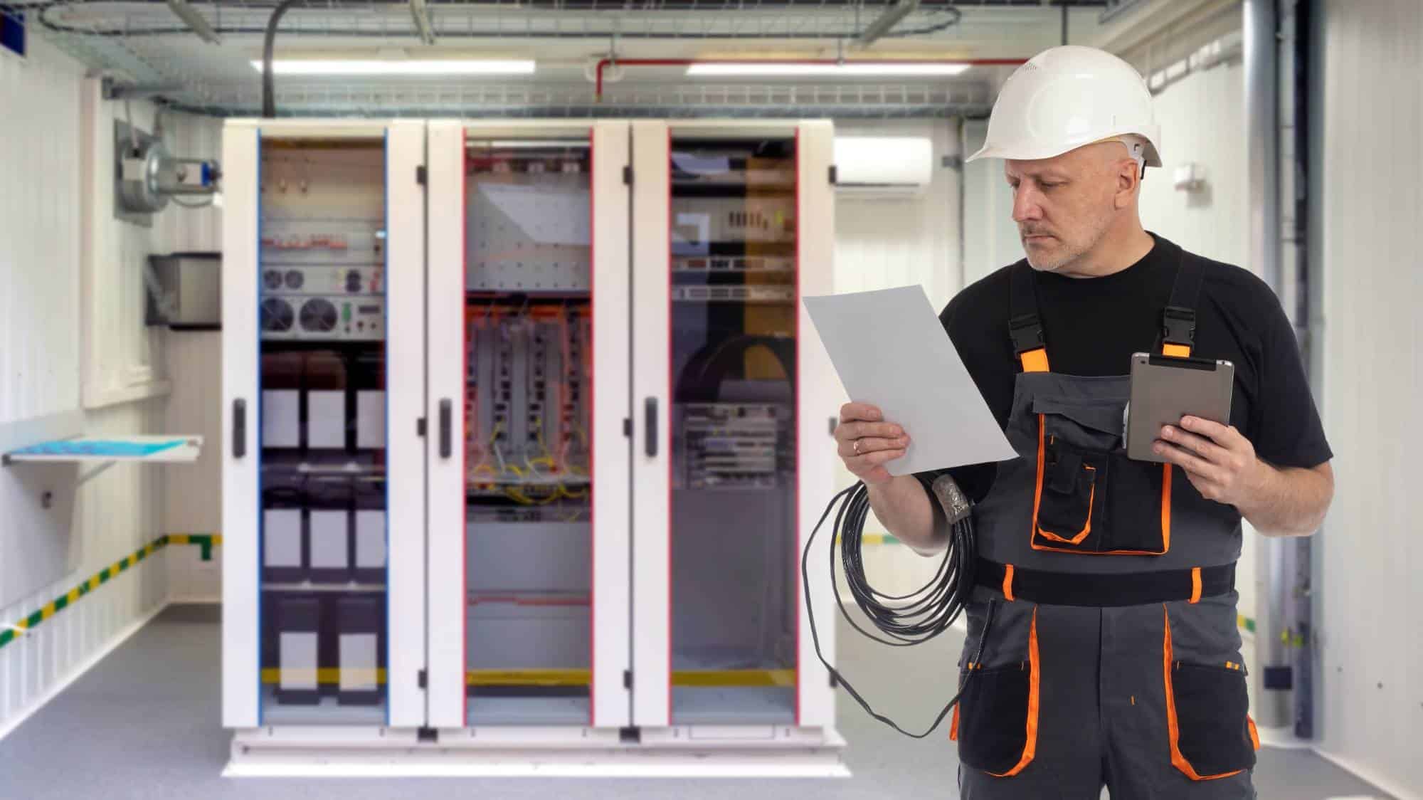 A man in coveralls and a white hard hat stands in front of open electrical cabinets, holding a clipboard and a coiled cable, appearing to inspect or troubleshoot equipment inside a technical room.
