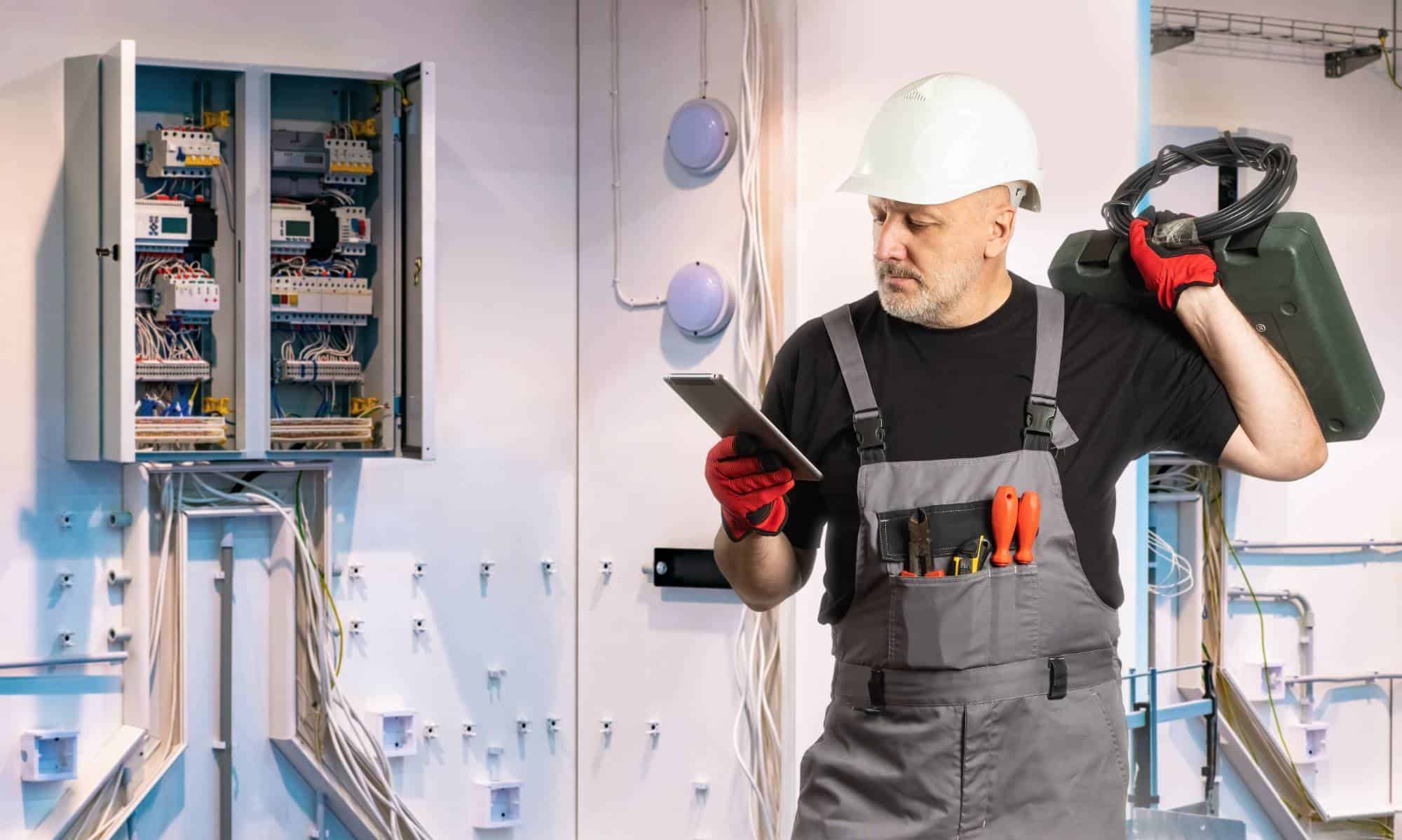 An electrician in a hard hat and gloves carries a toolbox and cable while looking at a tablet. He stands in front of open electrical panels with exposed wiring in a utility room.