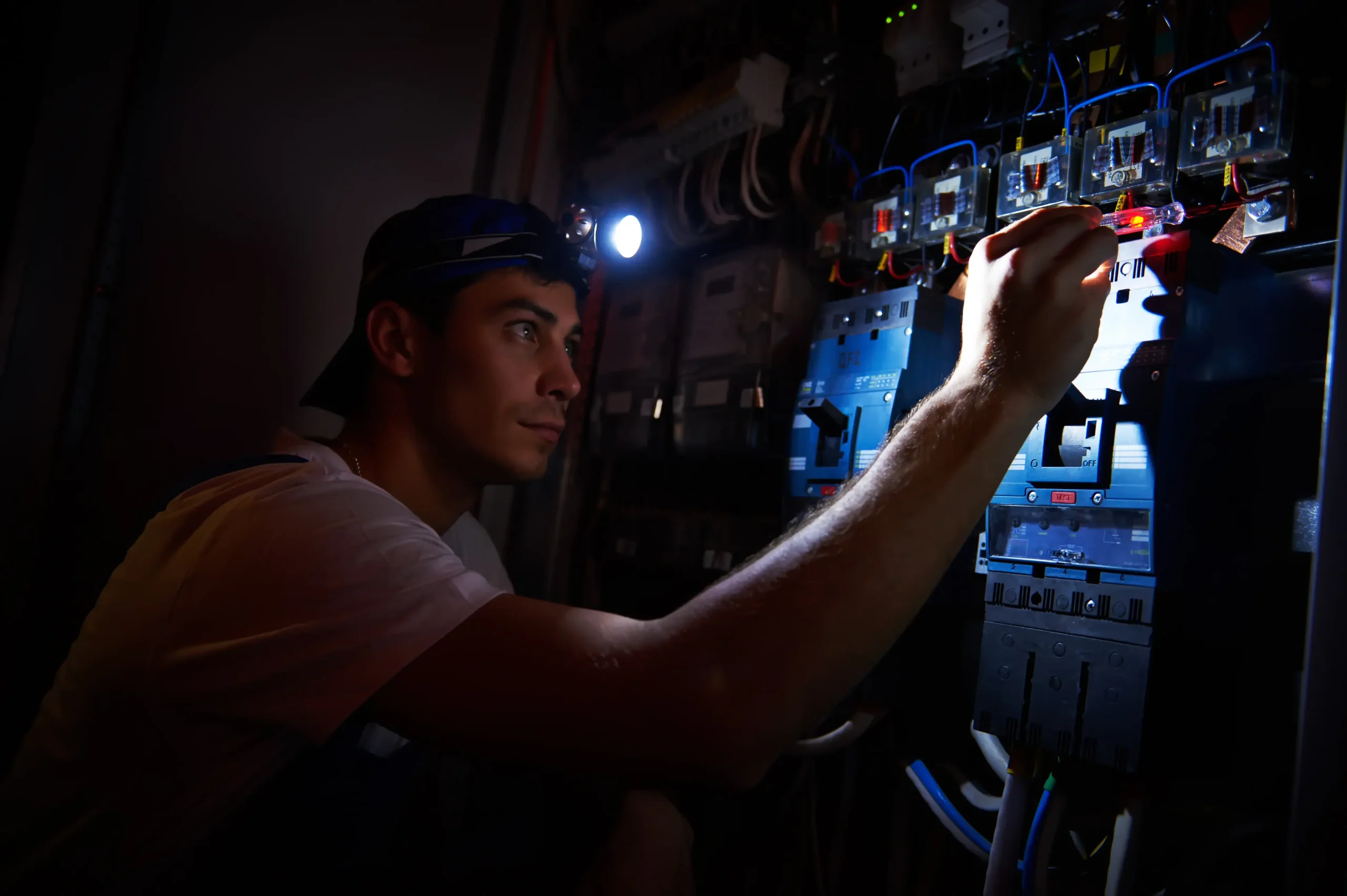 A man wearing a headlamp works on an electrical panel in a dimly lit room, using a tool to adjust wiring among various switches and cables.