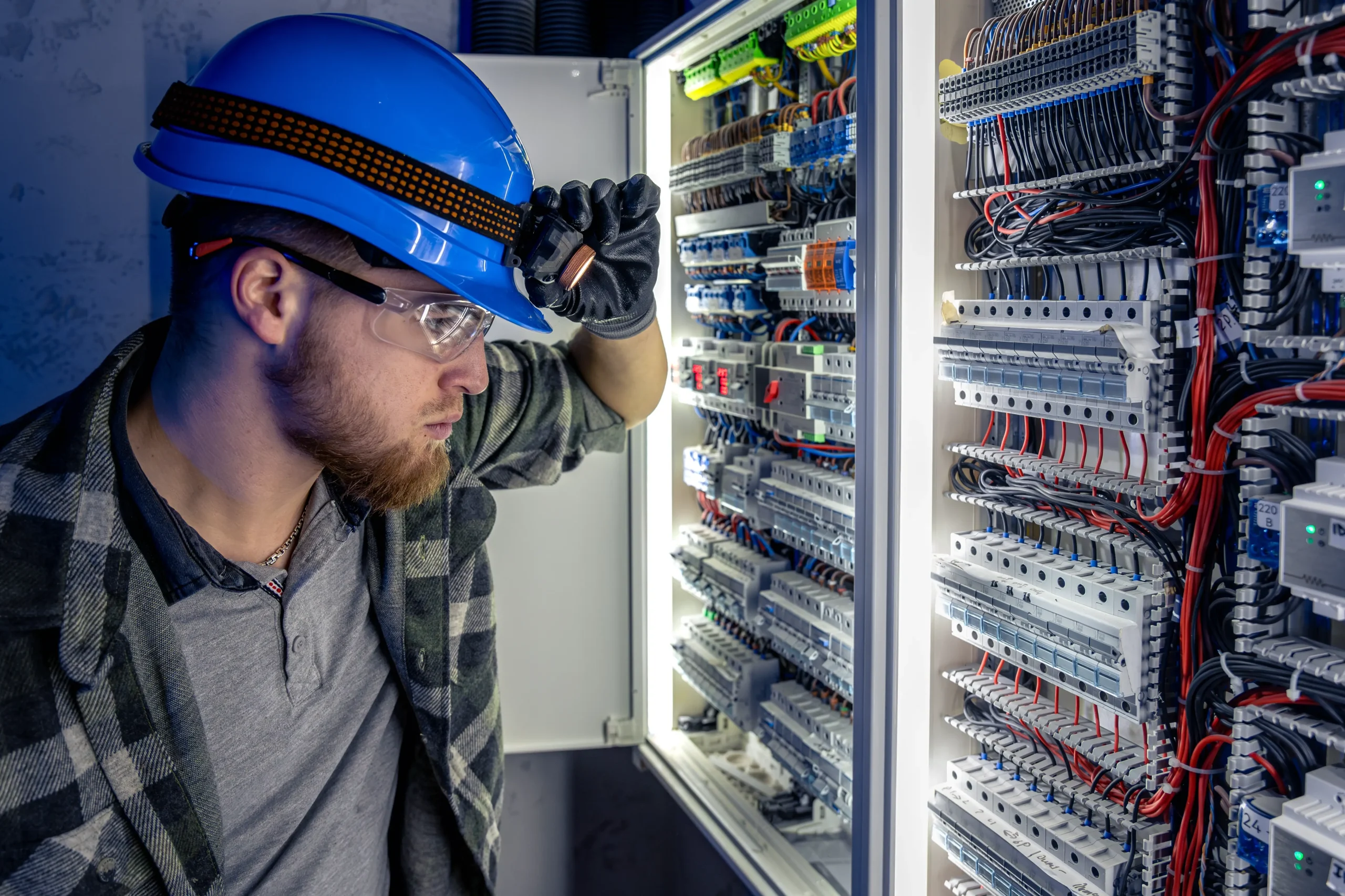 A male electrician wearing a blue hard hat and safety glasses inspects a large, open electrical panel filled with wires, switches, and circuit breakers. He is holding the brim of his helmet and looking closely at the components.